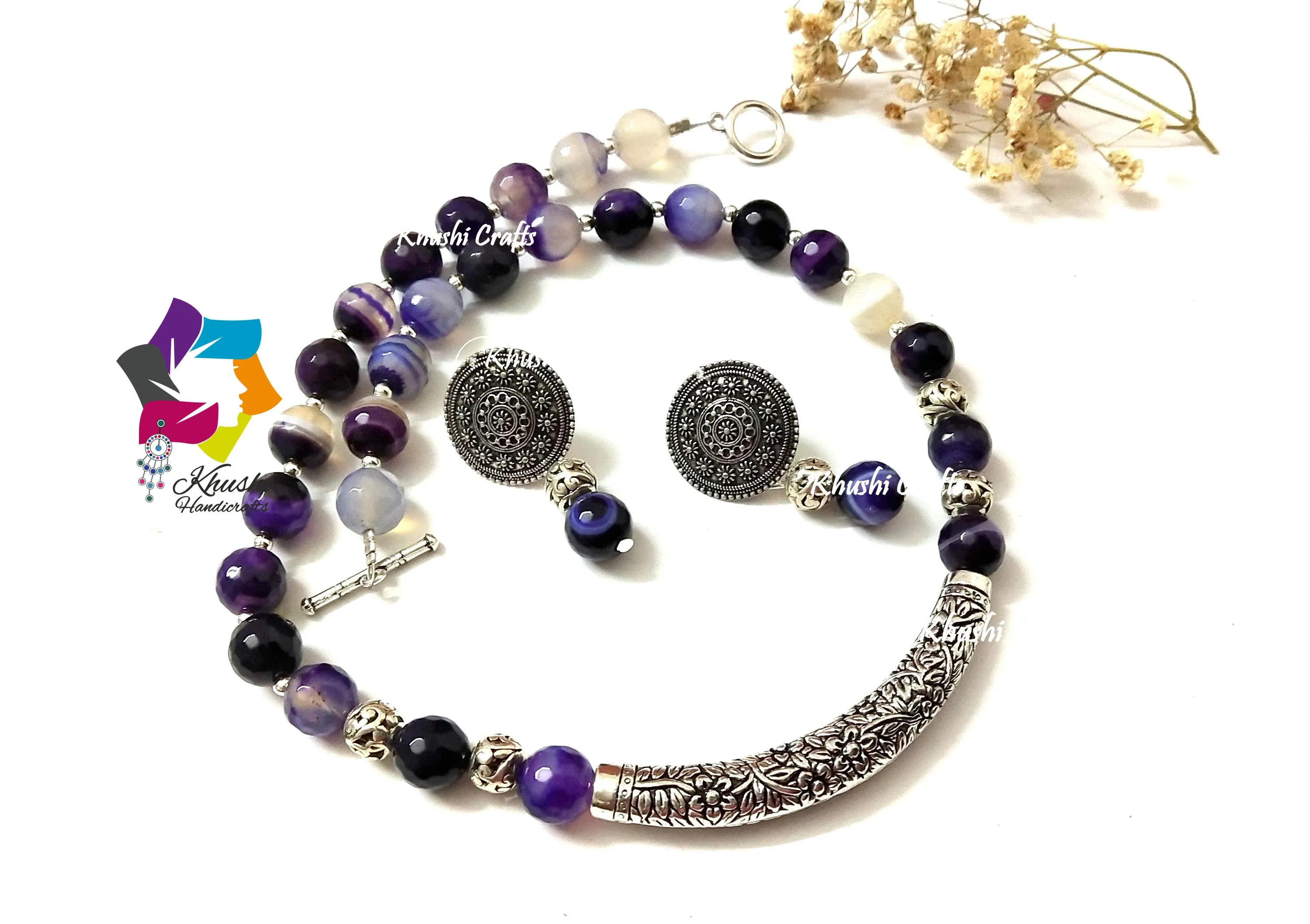 Shades of Purple gemstone handmade Ethnic agate necklace