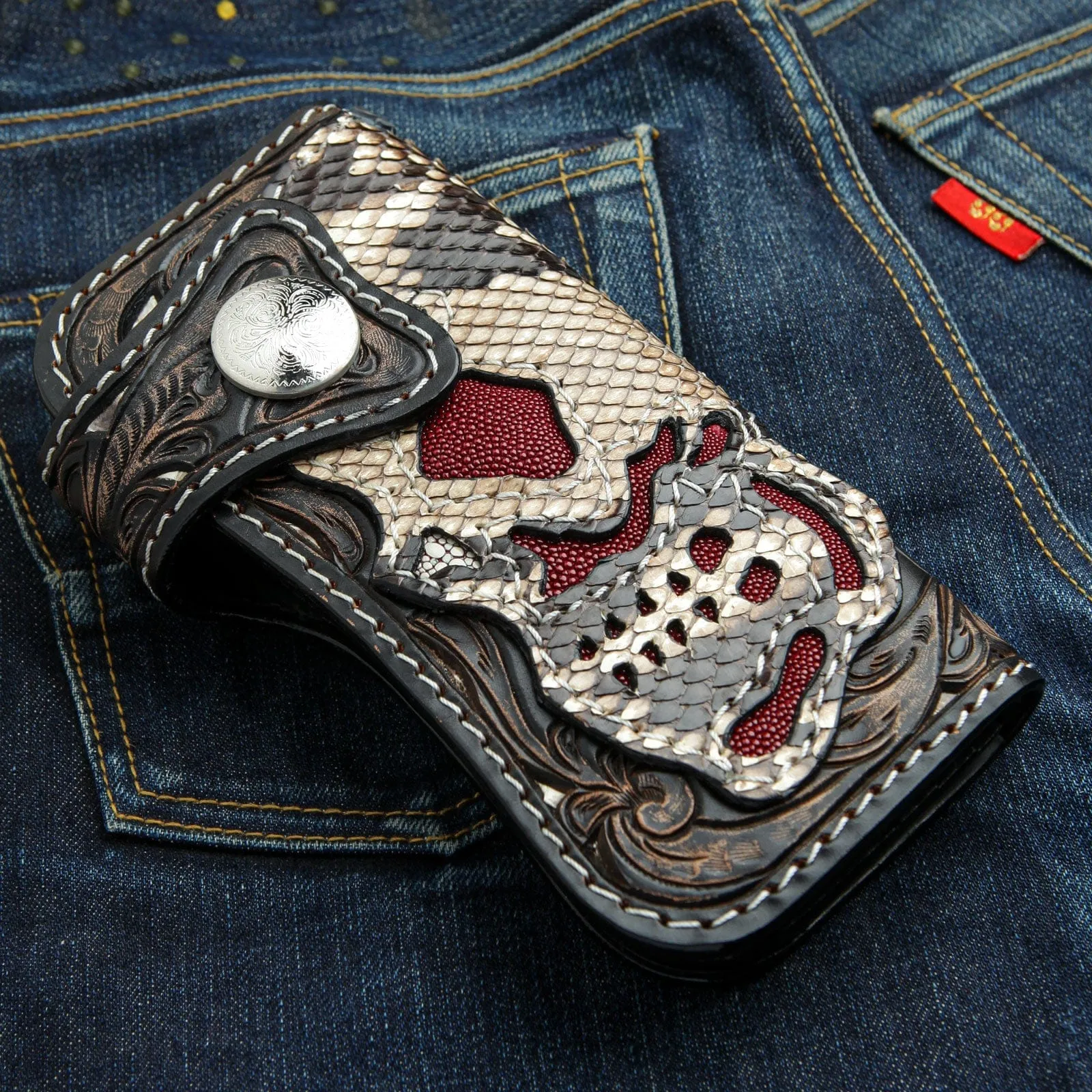 Skull Snake Skin Leather Biker Wallet