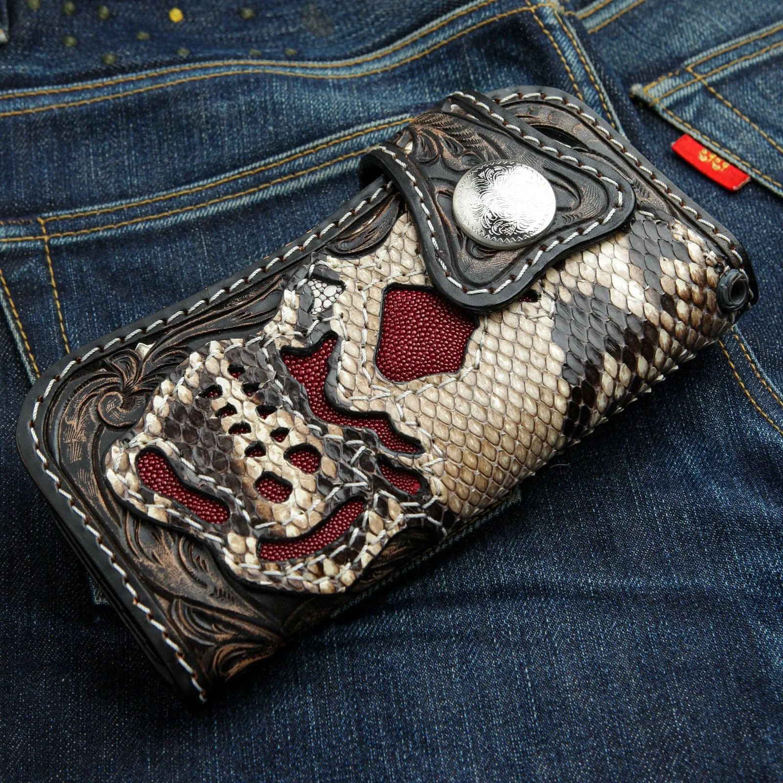 Skull Snake Skin Leather Biker Wallet