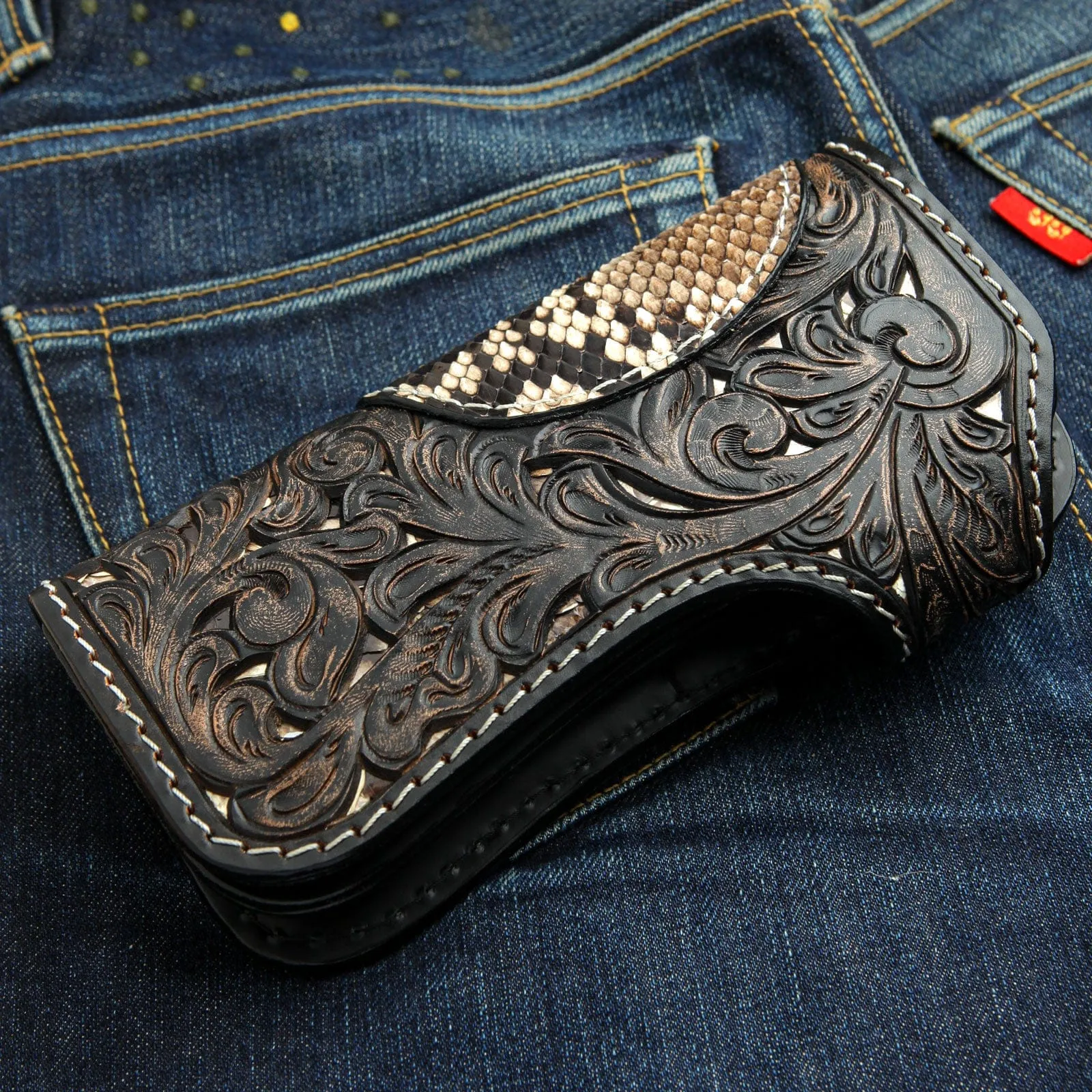 Skull Snake Skin Leather Biker Wallet