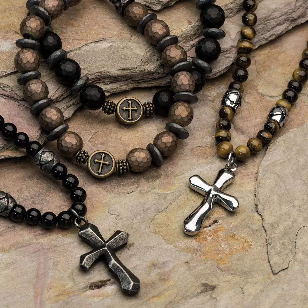 Stainless Steel Black Onyx Beads Cross Pendant Necklace