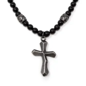 Stainless Steel Black Onyx Beads Cross Pendant Necklace