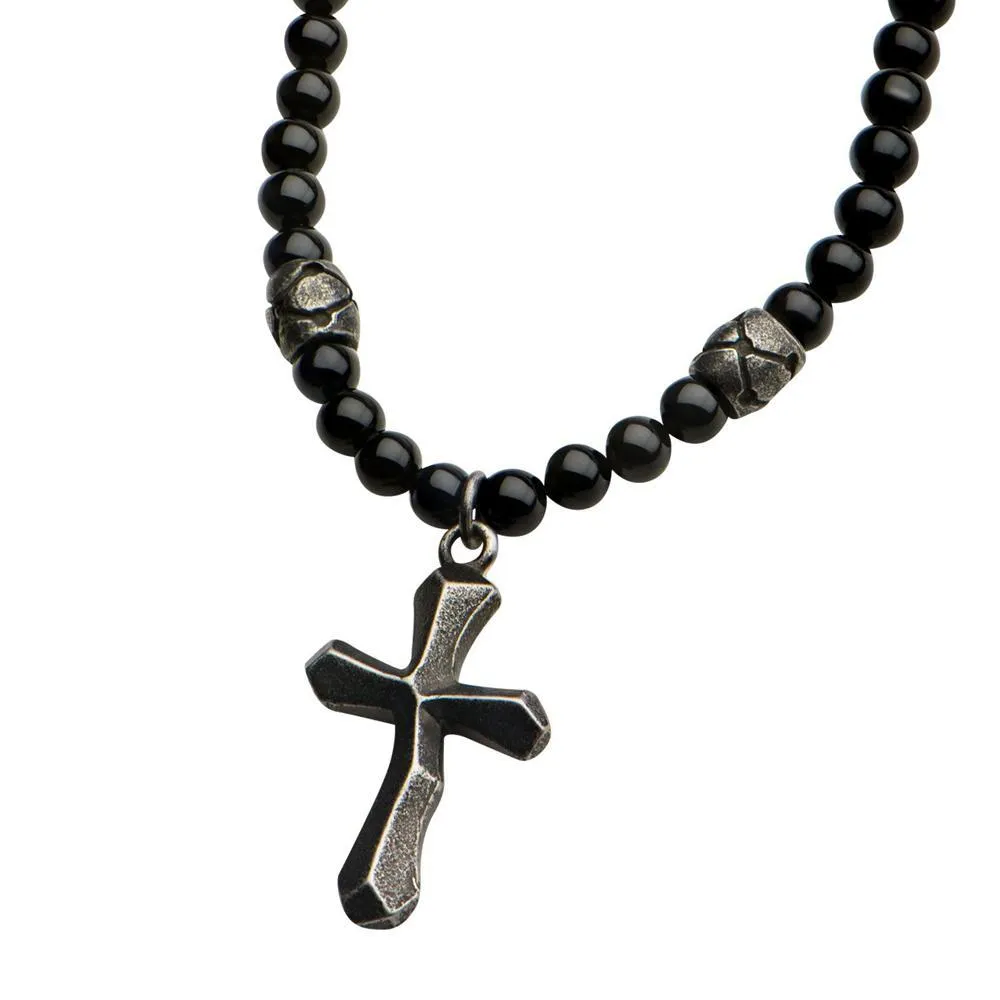 Stainless Steel Black Onyx Beads Cross Pendant Necklace