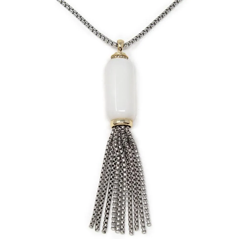 Two Tone GemStone Chain Tassel Pendant Necklace White