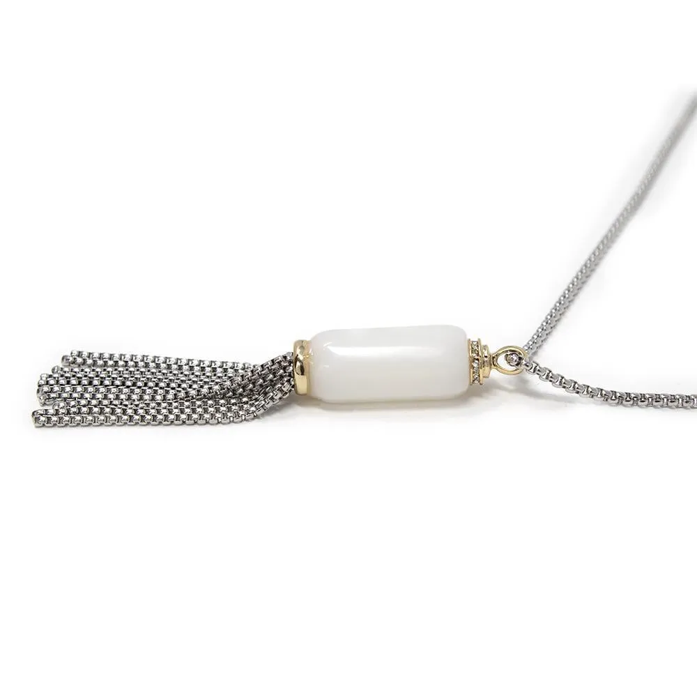 Two Tone GemStone Chain Tassel Pendant Necklace White