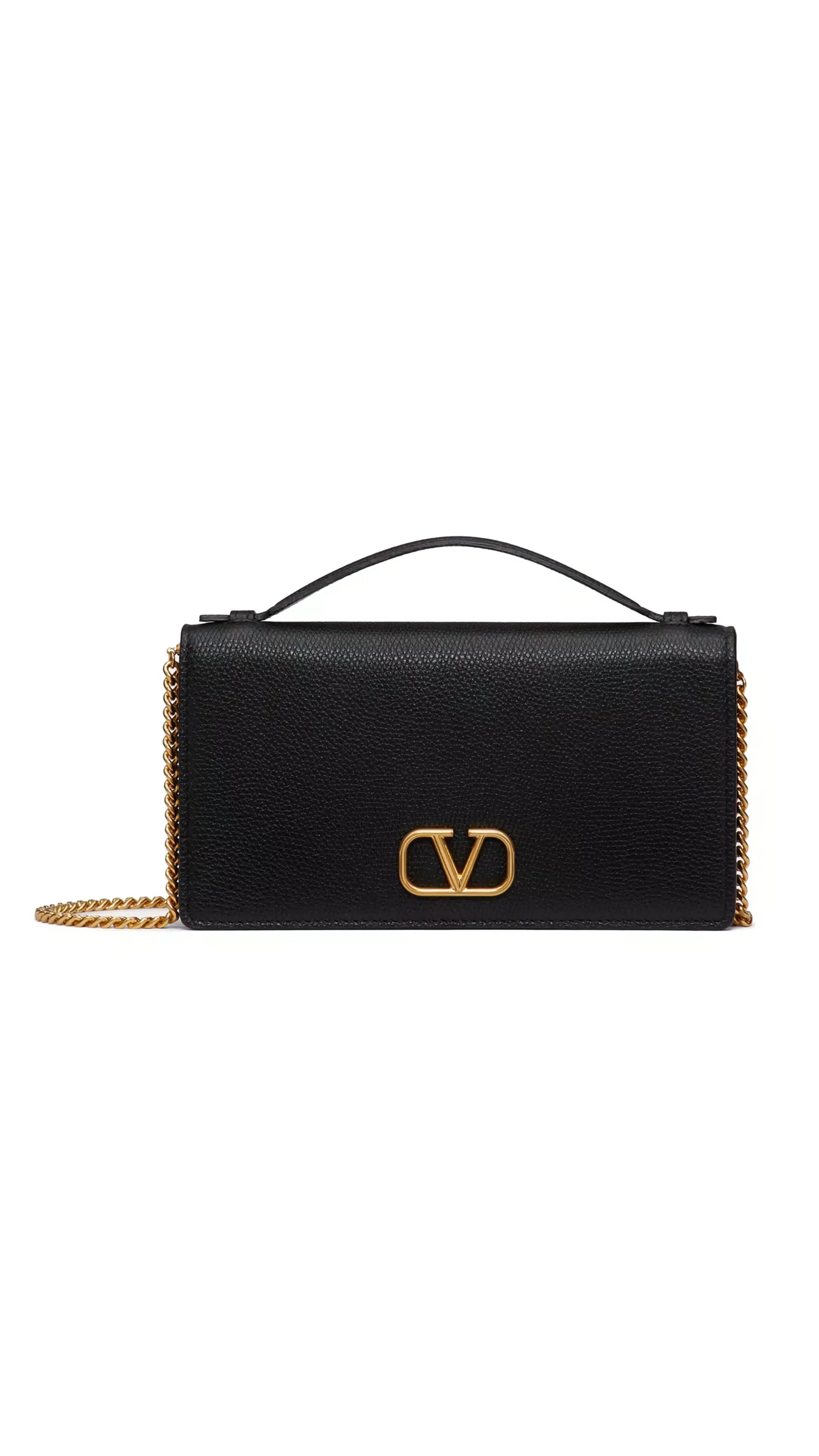 Vlogo Signature Grainy Calfskin Wallet with Chain - Black