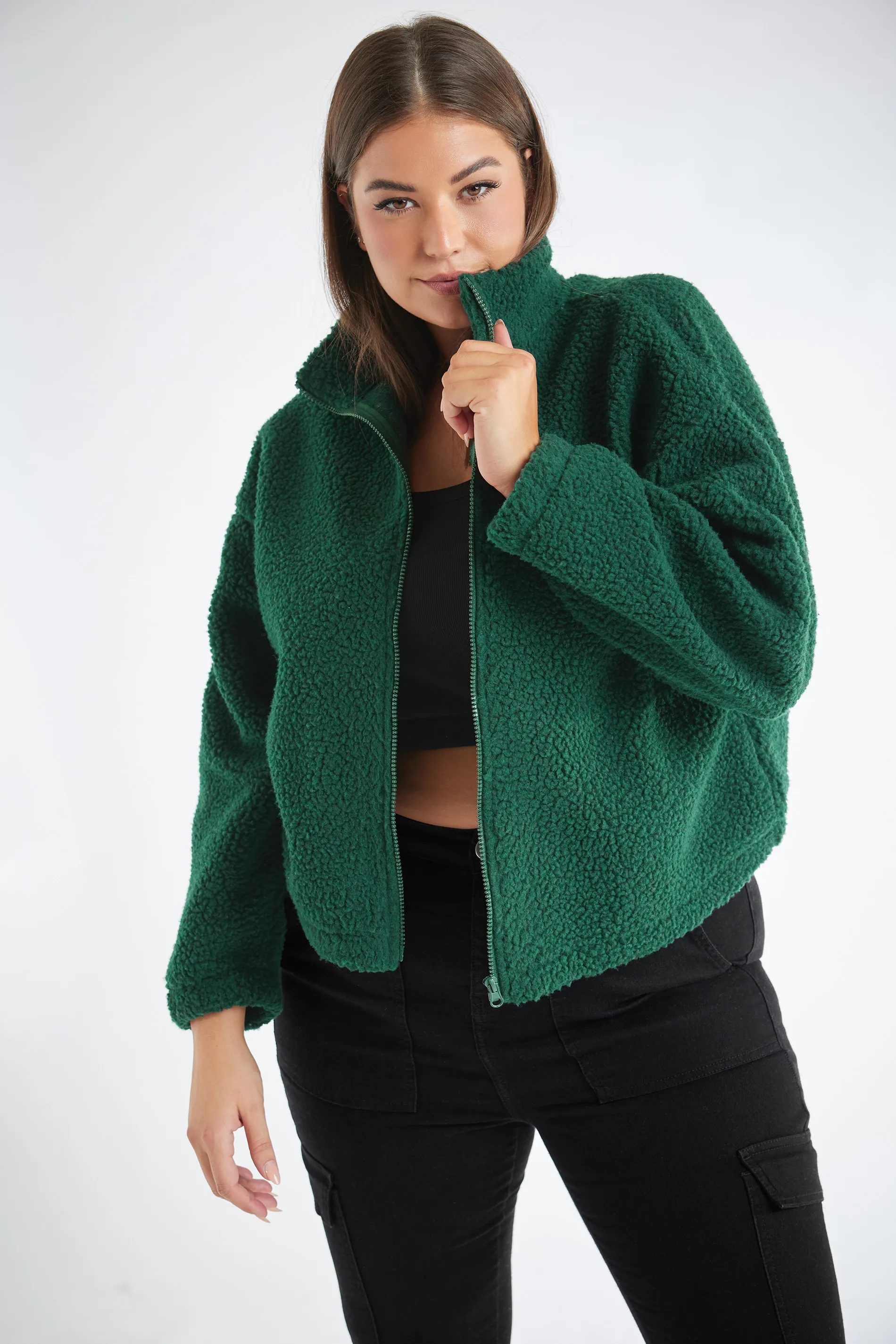 YOURS Curve Forest Green Cropped Zip Through Teddy Fleece