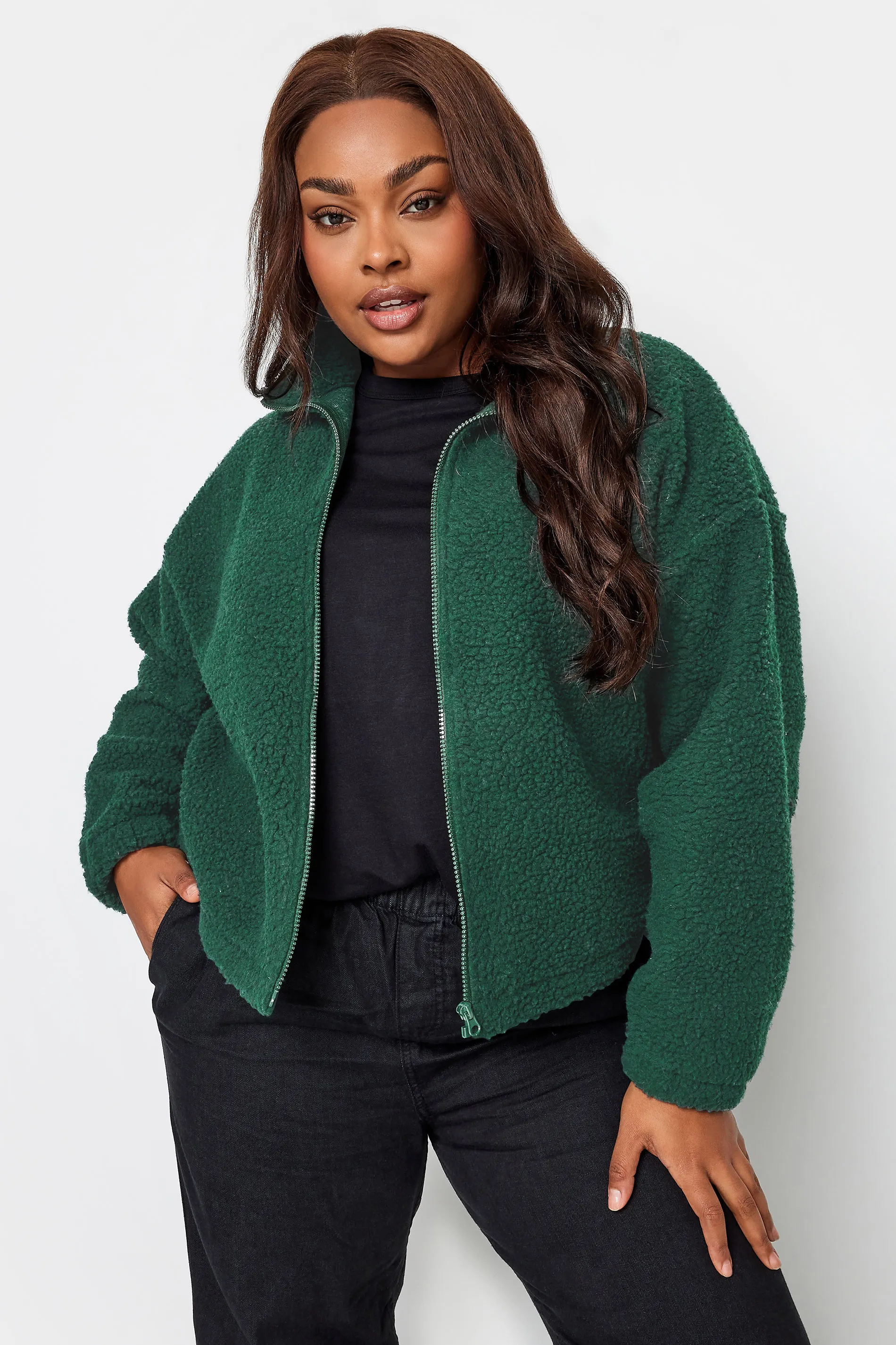 YOURS Curve Forest Green Cropped Zip Through Teddy Fleece